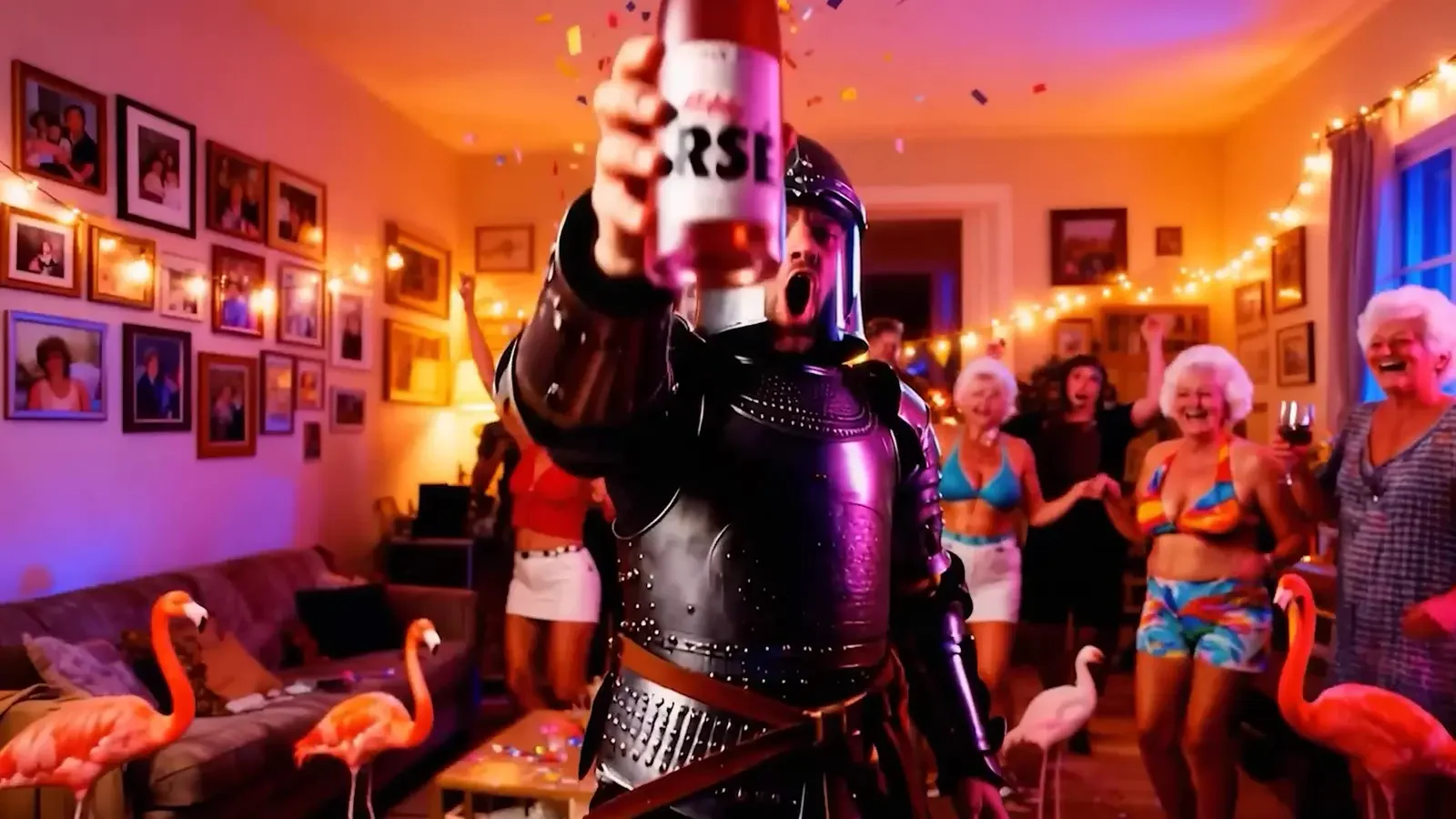 A Young Poets Wine bottle in the foreground of a colourful house party scene.