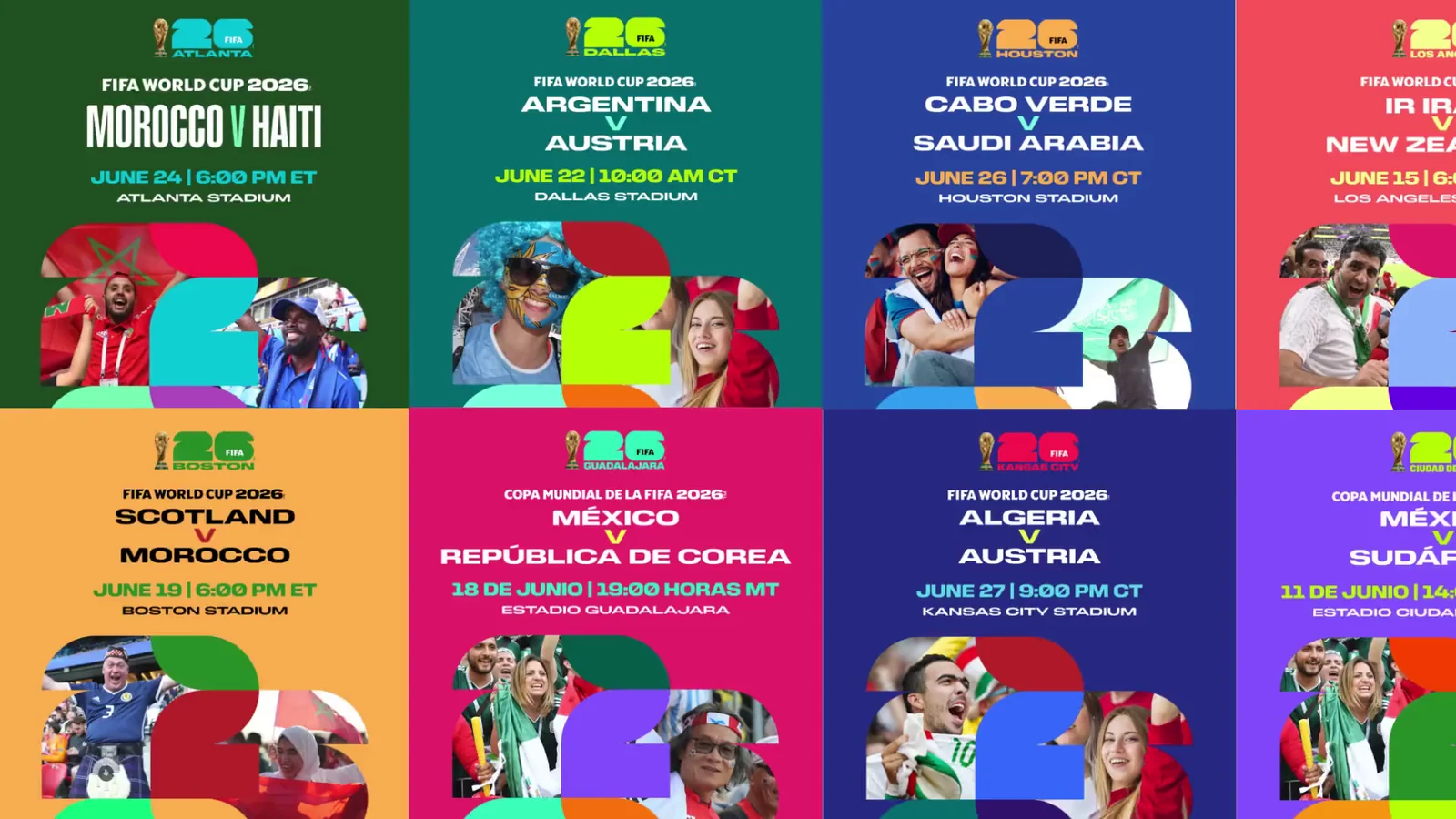 FIFA World Cup England versus Ghana artwork with colourful supporter portraits and adjacent fixture designs.