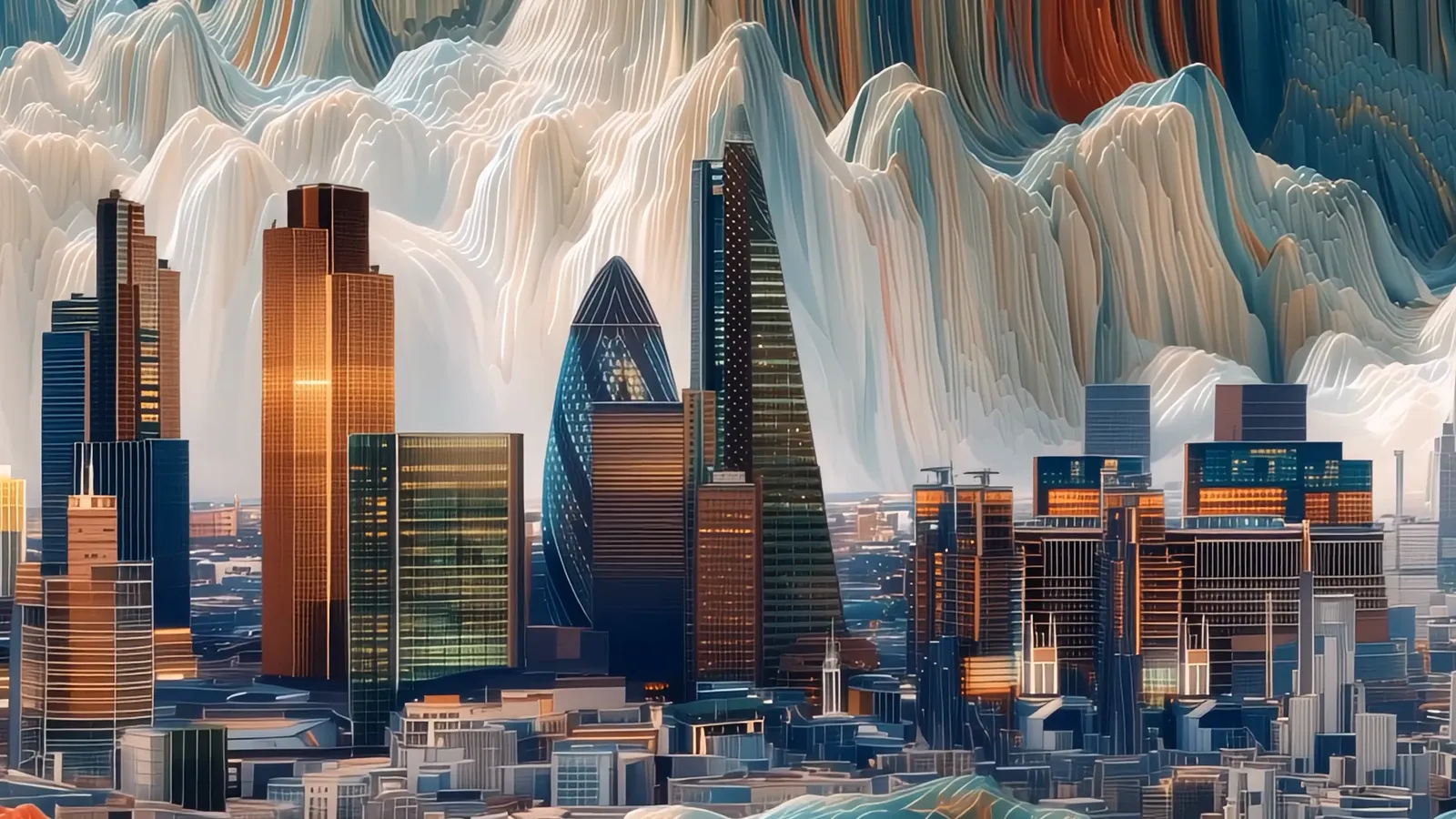 The City of London skyline rising in front of painted, flowing mountains, from the GREAT FUTURES summit film.