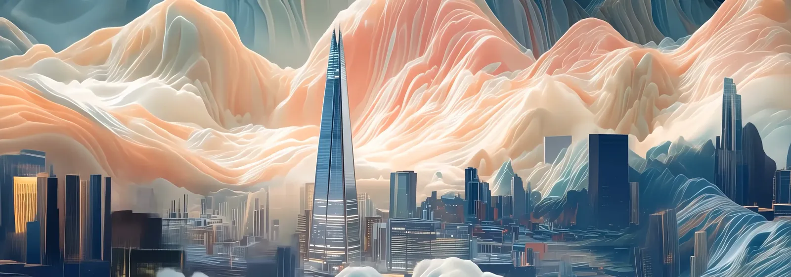 The Shard rising out of the London skyline in front of painted, peach and white mountains.
