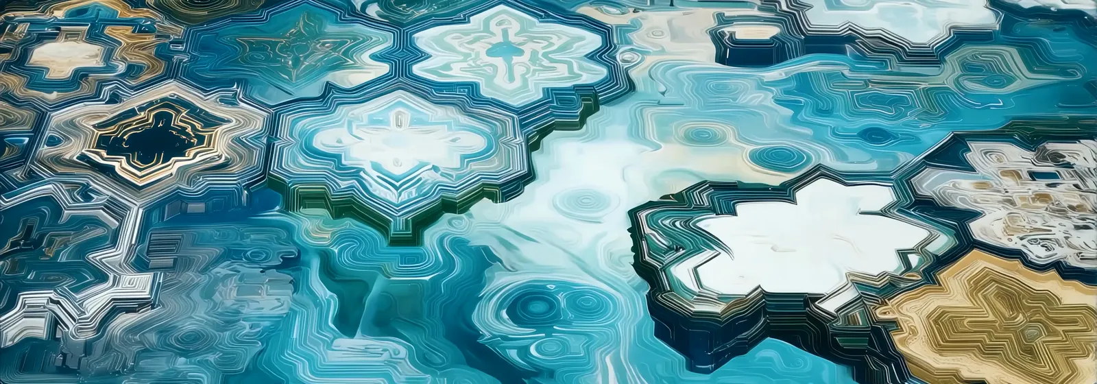 Geometric tilework in blue, white and gold, flowing like water across the frame.
