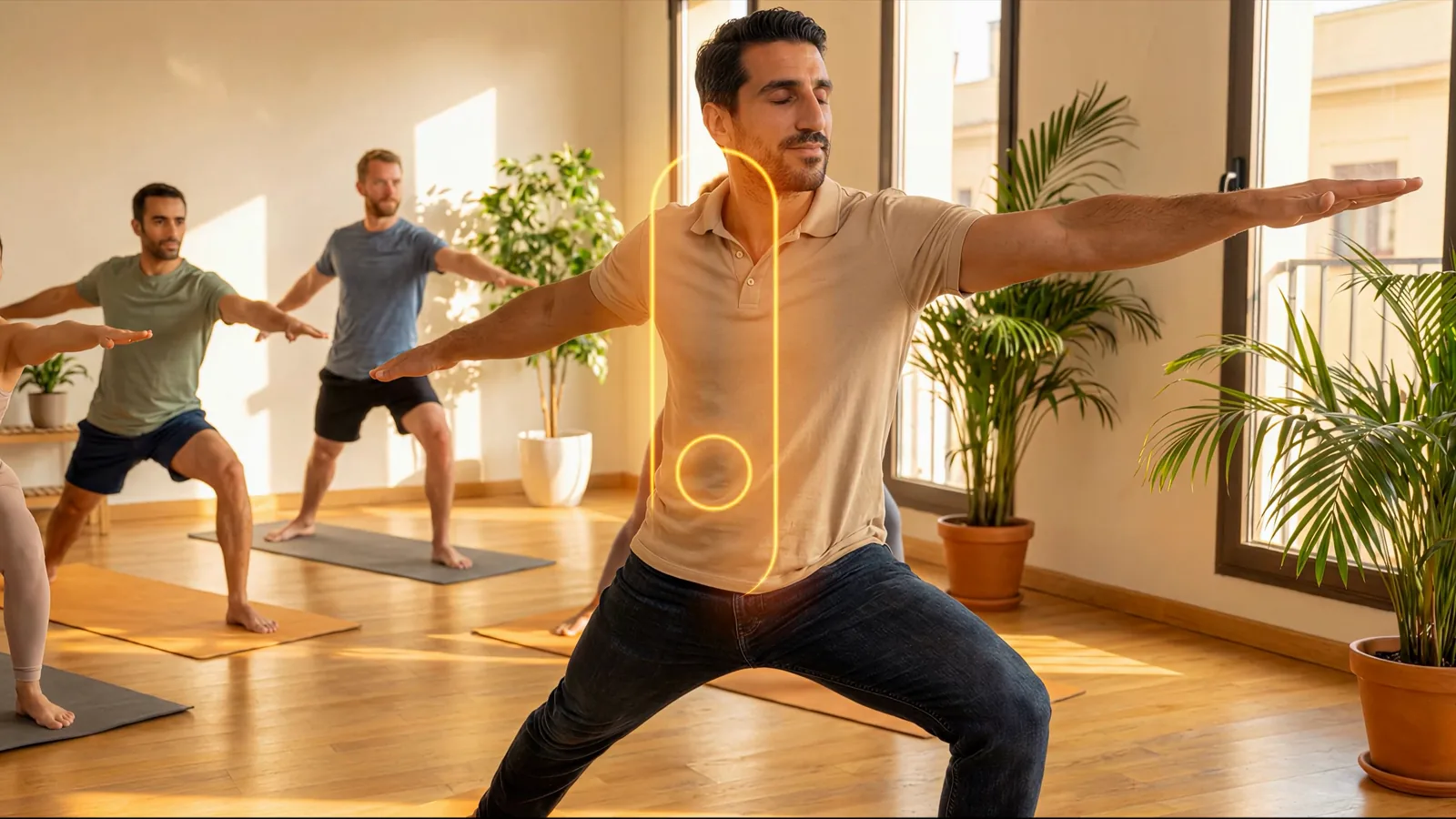 The Epassi hero in a sunlit yoga class, the orange activator glowing at his side.