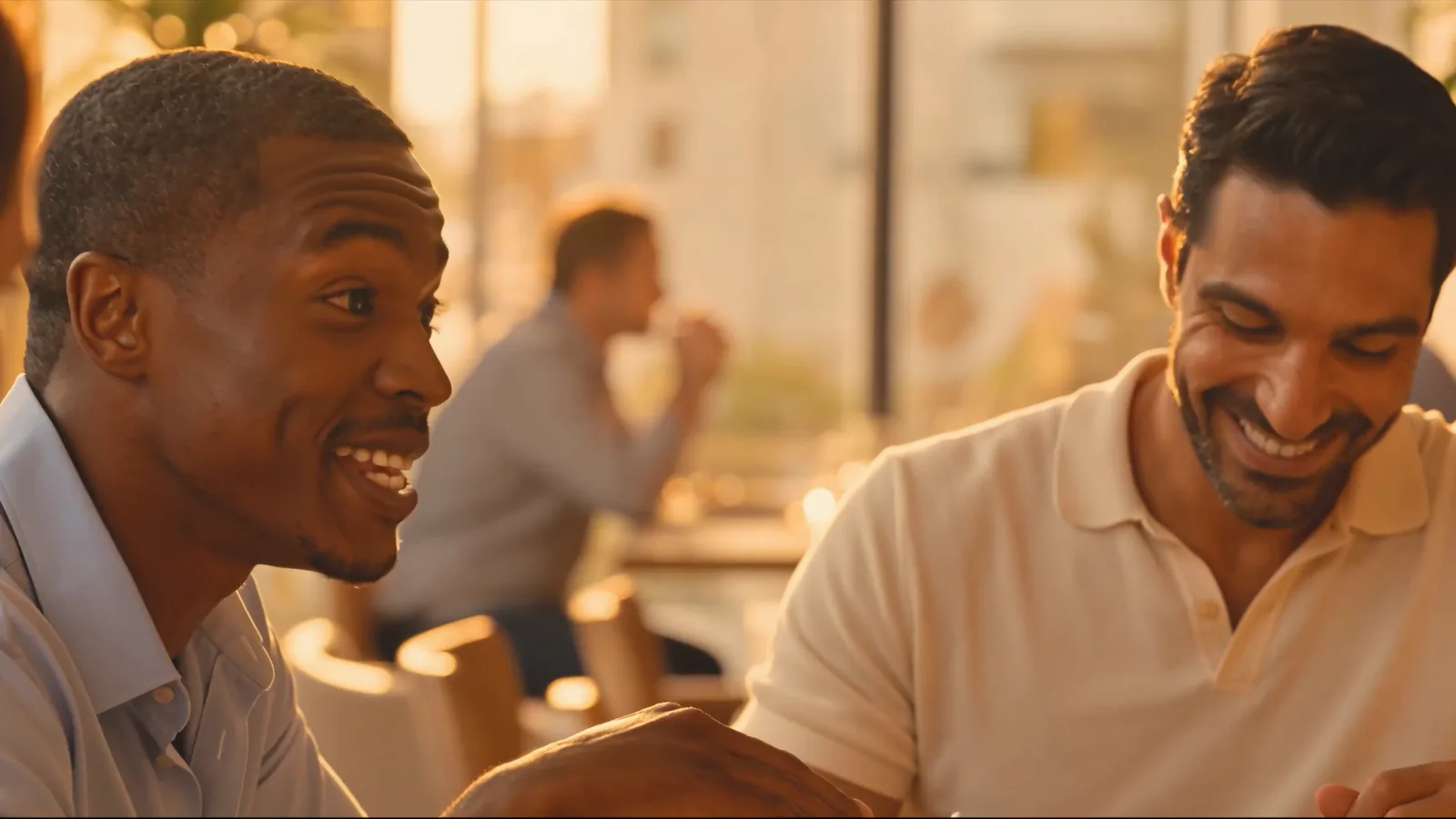 The Epassi hero laughing with a friend over dinner in a warmly lit restaurant.